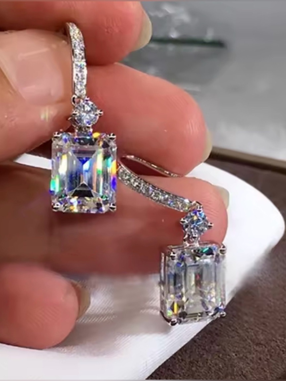 Sparkling Emerald-Cut Cubic Zirconia Drop Earrings in Silver